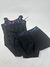 NWT Reflectionz Girls Leotard And Short Size 5/6 Black Paint Splatter Gymnastics
