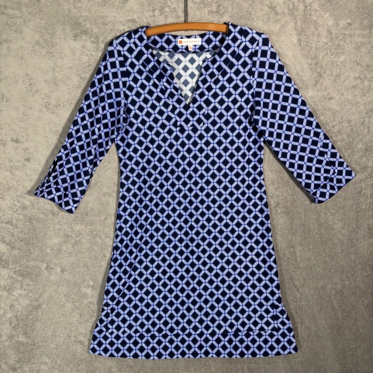 Jude Connally Navy Blue Geometric Print 3/4 Sleeve Shift Dress Size M  Coastal | eBay