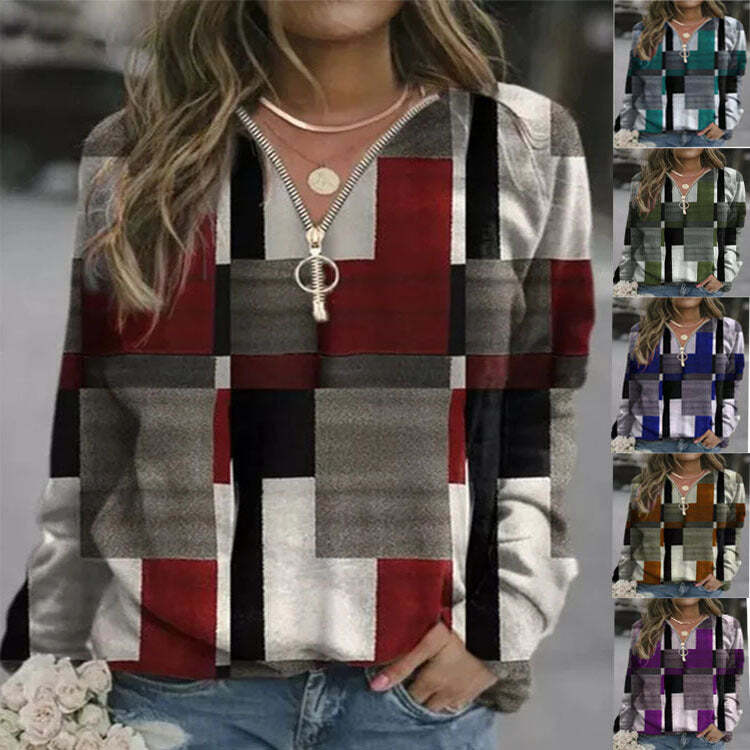 Women's Casual Checkered Fleece Sweater Top Jacket  