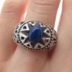 925 Sterling Silver Vintage Real Lapis Lazuli Gemstone Sun Ethnic Ring Size 9