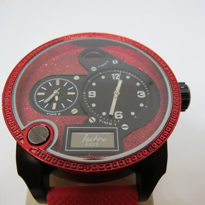 TECHNO PAVE 7489 WATCH W/RED SILICONE BAND & RED GLITTER FACE NICE!!!!!!!!!!!!!!