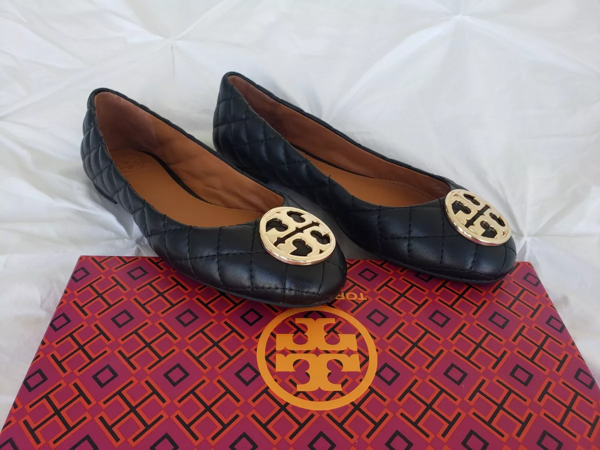 NIB Tory Burch Chelsea Quilted Ballet Flats Leather Black Gold