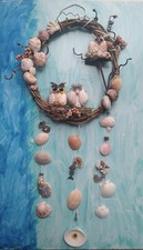 Whimsical Seashell Owl Vine Wreath Hand Made 9" by 19" Wall Hanging Mobile