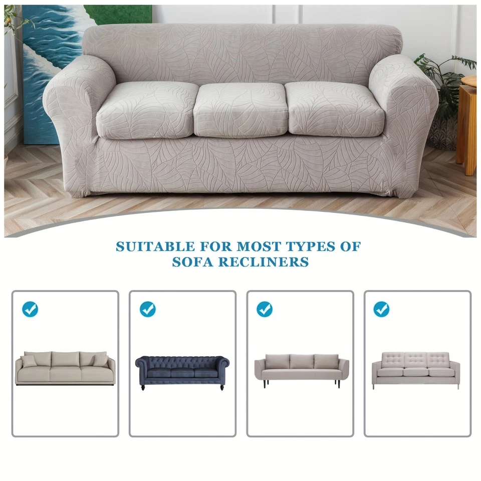 Juego de 4 fundas de sofá elásticas impermeables antideslizantes hojas jacquard con funda de cojín Foto 3 de 4