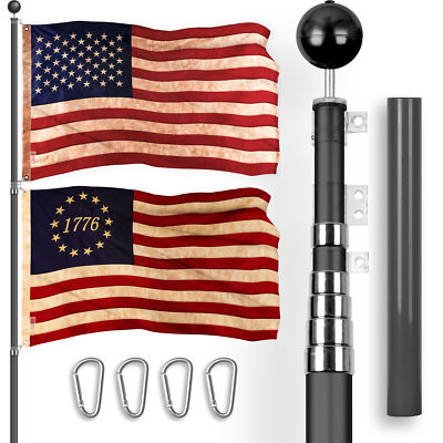 25 Ft Telescoping Flagpole BLK & USA and Betsy Ross 1776 TS Flags Emb 300D 3x5Ft