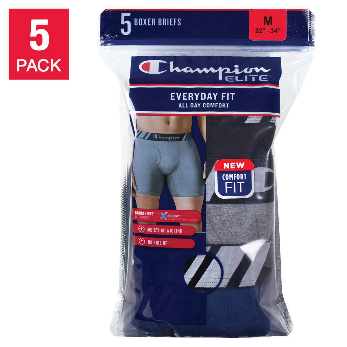 New Champion Elite Men's X-Temp Double Dry Boxer Briefs Moisture Wicking  5-pack