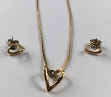 Gold Tone Heart Necklace Pendant Chain and Pierced Earrings Rhinestone Unsigned