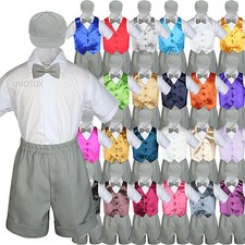 Baby Boys Toddler Formal 5pc Silver Gray Vest Shorts Hat Bow Tie Set Color VEST