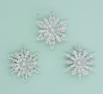 3er Set verschiedene Stile von Gisela Graham Silber Glitzer 3D Metall Schneeflocken 