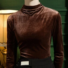 Lady Velvet Top Velour Blouse Shirt Mock Neck Casual Evening Office Working Chic