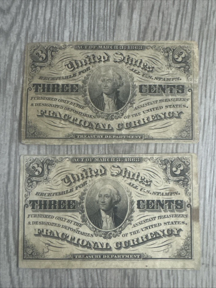 Two 1864-1869 United States Fractional Currency 3 Cent Treasury Currency Note JD - Image 4 of 4