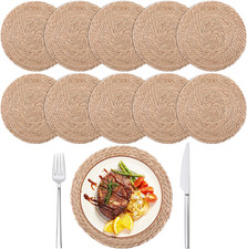10PCS 12" Round Woven Placemats Brown Rattan Water Hyacinth Farmhouse Boho