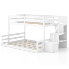 Twin Over Full Low Bunk Bed with Storage Stairs with Full-length Guardrails