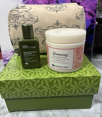 Origins Cosmetic Bag , Gloomaway Cream 3Oz. Mega Mushroom Skin Relief 30ml. New
