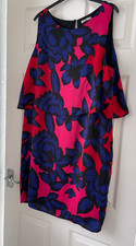 Stunnning Cerise Mix Roses Print Satin look Occasion DRESS Sz 16 Overlay Bodice