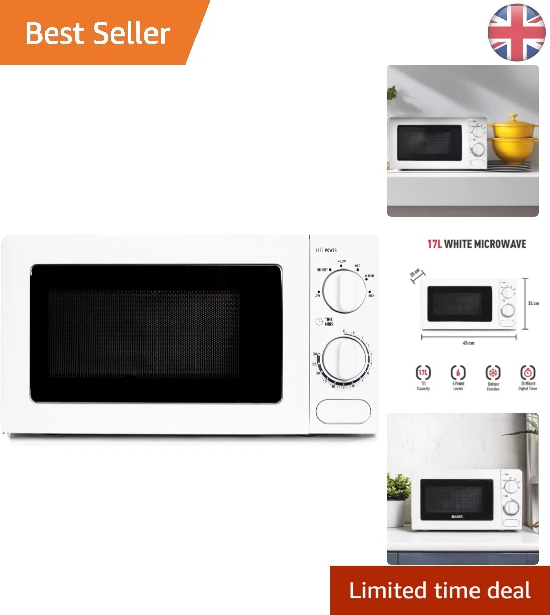 Versatile White Microwave Oven - 17L, Defrost & Express Cooking for Quick Meals