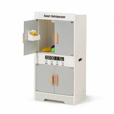Wooden Play Refrigerator Modern Toy Fridge with Shelves Double-Door