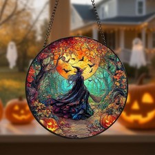 Stained Glass Witch Suncatcher: Halloween Moon Window Decor
