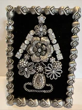 OOAK, Silver Frame Vintage Jewelry Christmas Tree Artwork Roses & Rhinestones