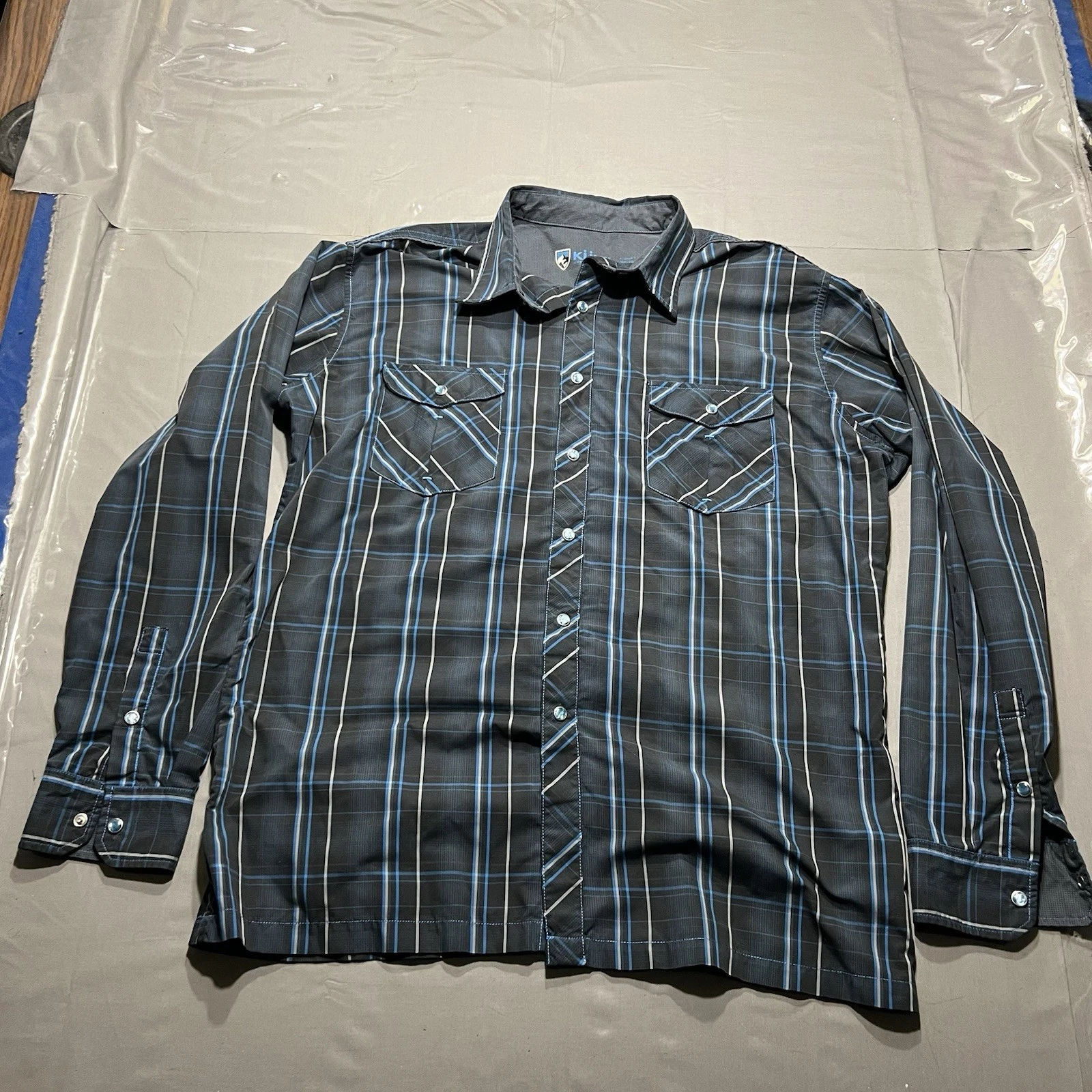 Kuhl Eluxur Shirt Mens Large Black Blue Plaid Long Sleeve Pearl Snap Hiking