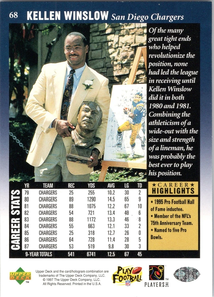 Kellen Winslow Signed 1997 Upper Deck Legends Autographed San Diego Chargers HOF - Image 2 of 2