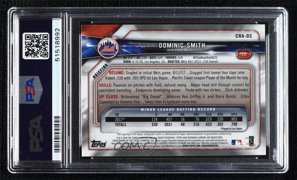 2018 Bowman Chrome Rookie Green Refractor /99 Dominic Smith PSA 9 MINT Auto RC - Image 2 of 2