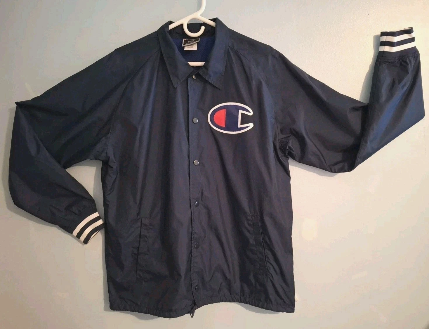 Champion Jacket Windbreaker Navy Blue Large Mens Snap Front Big C Logo