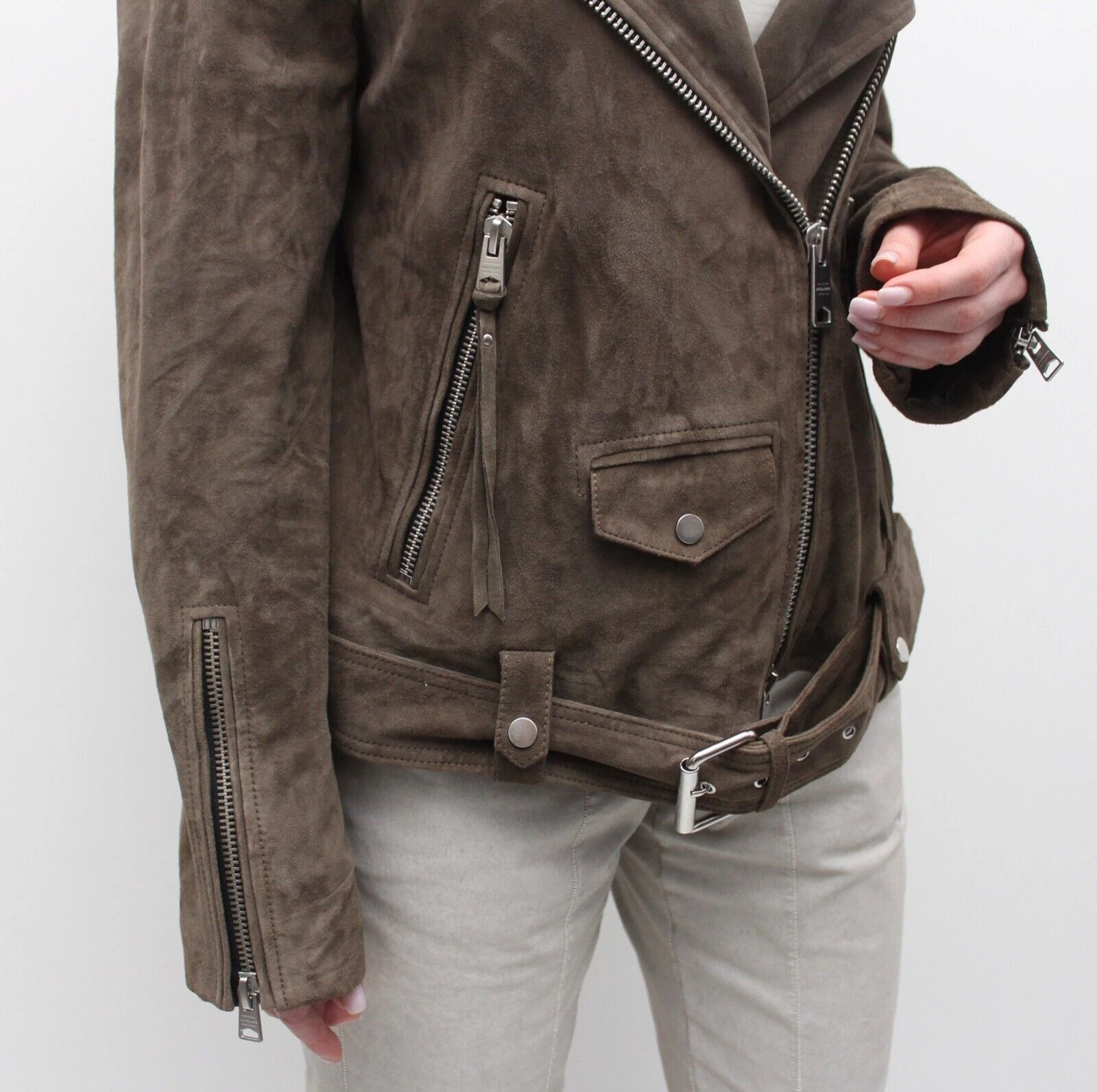 VETEMENTS Giacca moto biker donna marrone vera pelle scamosciata pura morbida