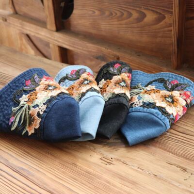 Women Denim Bucket Hat Cap Embroidered Floral Retro Ethnic Casual Cowgirl