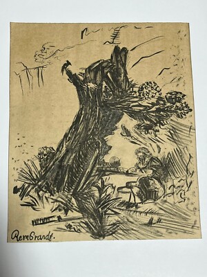REMBRANDT drawing and painting on old paper signed stamped vintage