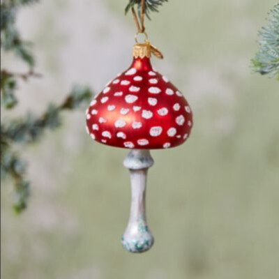 Anthropologie Handblown Glass Mushroom Ornament Glitter Toadstool Poland RareNEW