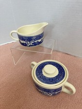 Old Blue Willow Ware Creamer  Covered Sugar Bowl Set Vintage Blue  Wht
