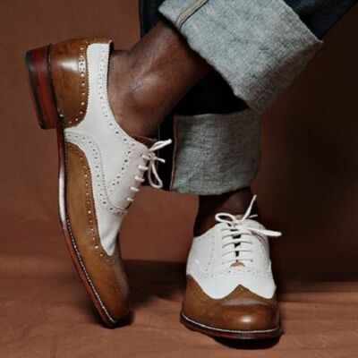 Men\'s Two-Tone Brown and White Wingtip Dress Boots Handmade Men main image 4