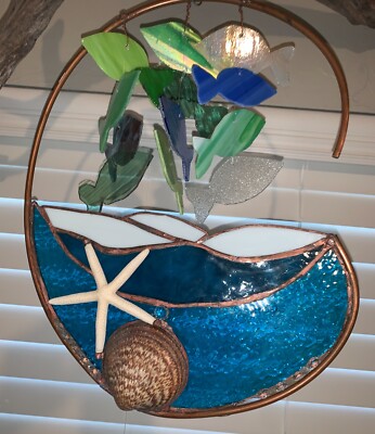 Ooak Coastal Copper Stained Glass Sea Shells Fish Wind Chime Wall Art Window Ebay