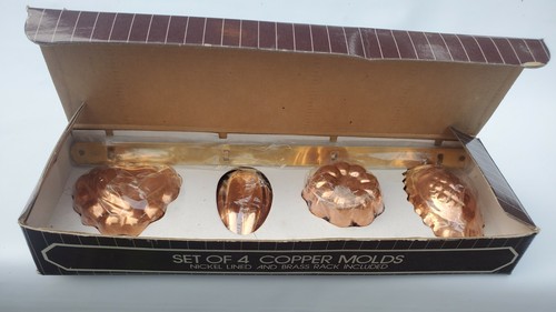 Vtg Copper Molds Nickel Lined Brass Rack Acton 1984 Set Of 4 NIB - Picture 8 of 10
