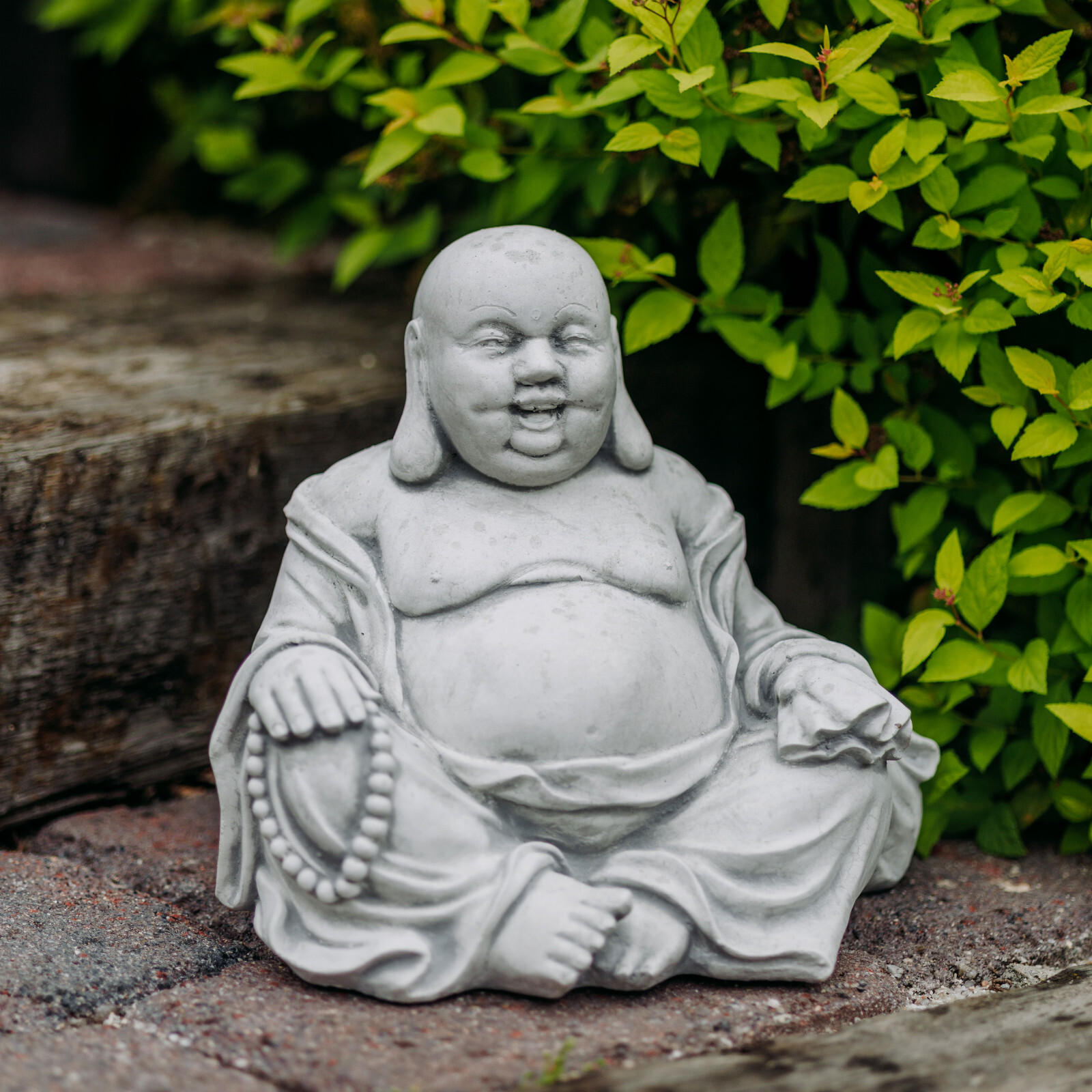 Laughing Monk Buddha Stone Figurine 22cm 7kg Grey White Concrete Frost Proof