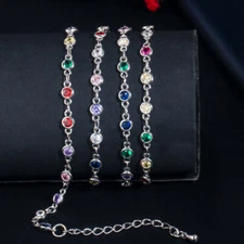 White Gold Colorful Zircon Layered Long Chain Link Necklace Jewelry Accessories