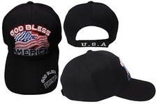 God Bless America USA Wavy Flag Black Adjustable Embroidered Hat Cap