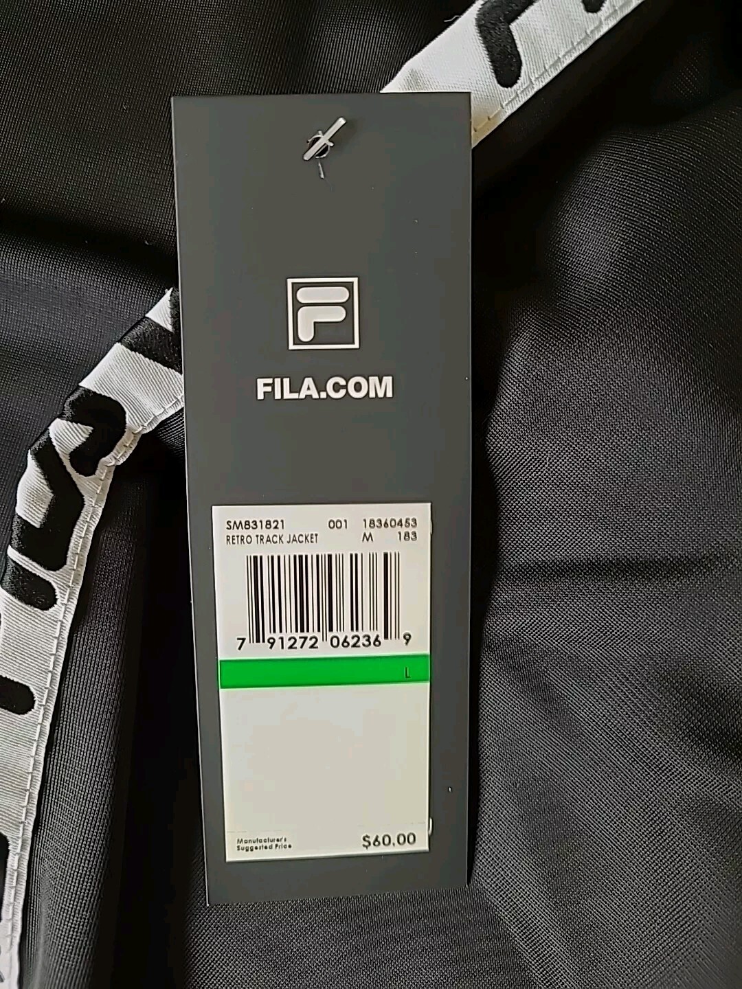 Giacca nera retrò da uomo Fila nastro bianco a righe manica con logo SM831821 taglia L nuova con etichette