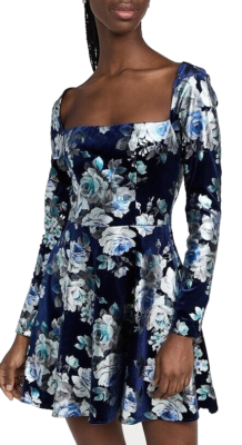 $415 Black Halo Lake Velvet Fit And Flare Mini Dress Plush Bloom Blue  Floral 6 | eBay