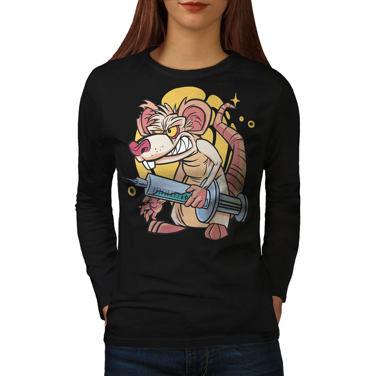 Wellcoda Cartoon Rat With Syringe Mischievous Womens Long Sleeve T-shirt