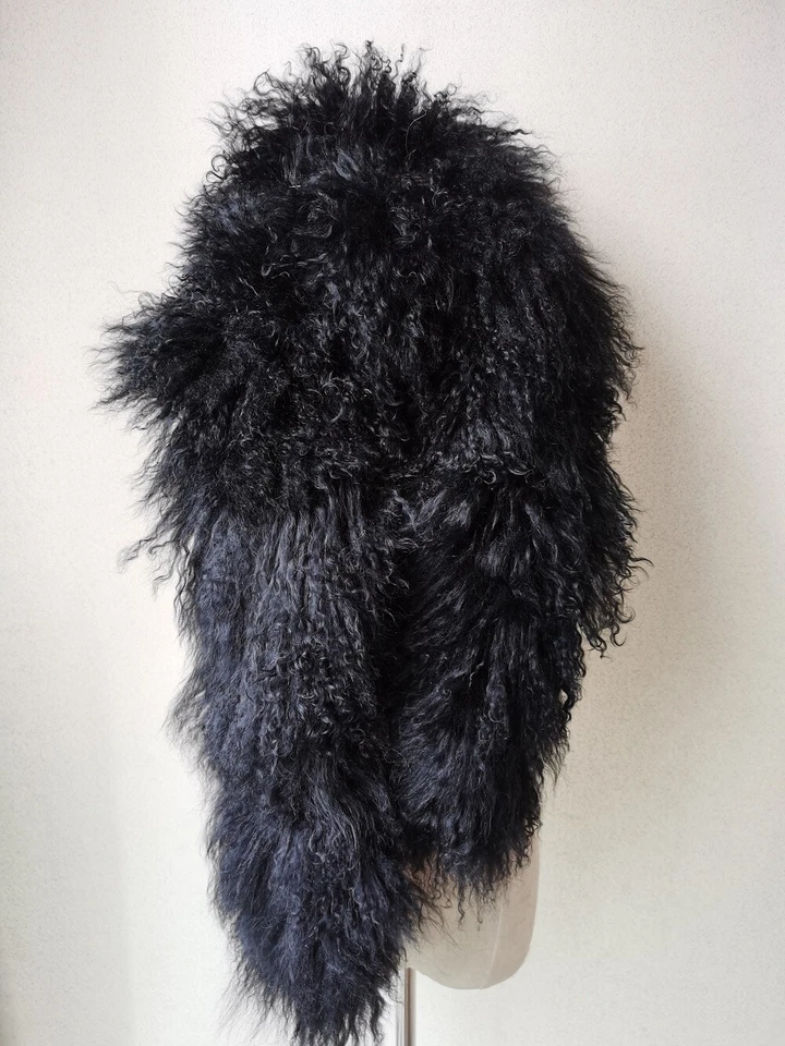 Bufanda chal de piel de cordero mongol real para mujer doble cara súper larga negra Foto 4 de 4