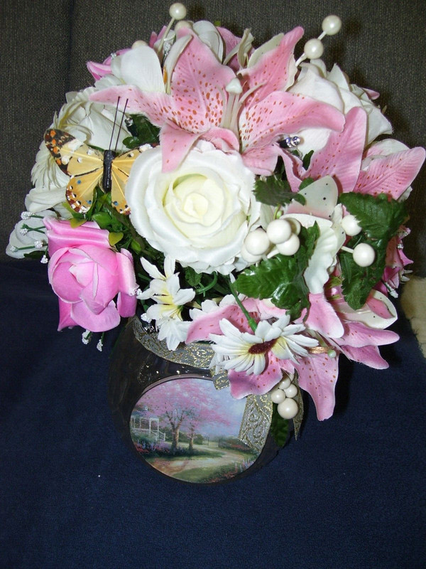 Bradford Exchange Thomas Kincade Vase with Artificial Flowers and Butterfly