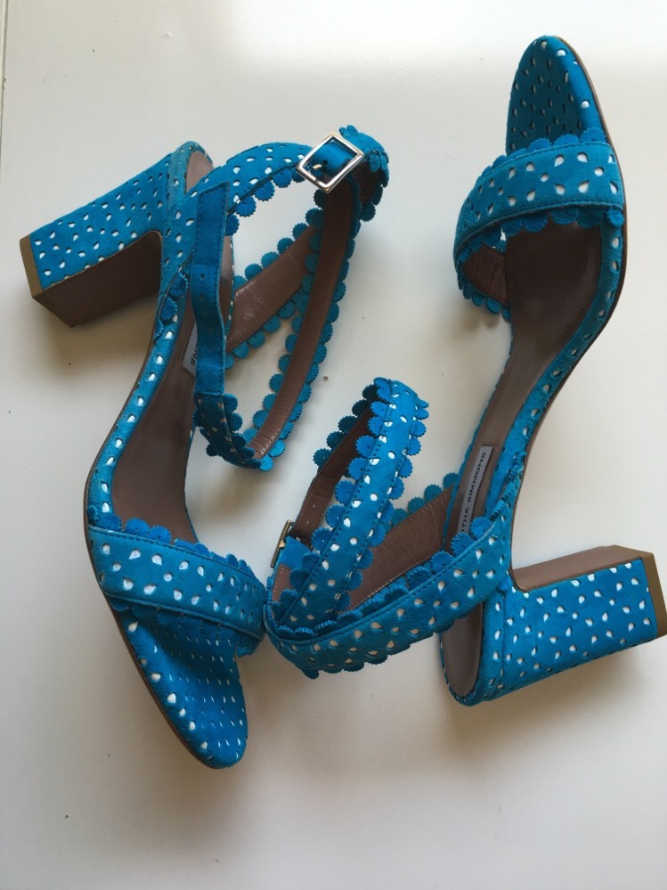 APL NUOVI sandali autentici Tabitha Simmons Leticia scamosciati blu tacco a blocco taglia 38 US 8