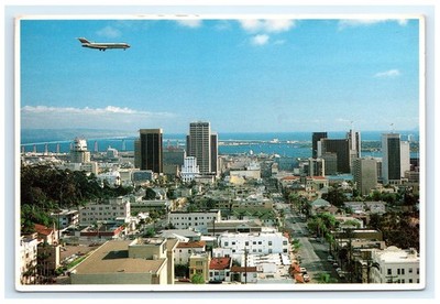 Vintage Skyline Coronado Bridge Airplane San Diego CA Postcard