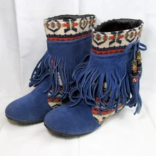 Ladies Hidden Wedge Heel Moccasin Fringe Tassels Ankle Boots Size 7 Blue BOHO