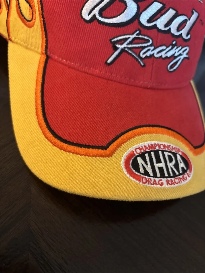 Chapéu Kenny Bernstein assinado Budweiser NHRA Drag Racing chama vermelho/amarelo vintage - Imagem 3 de 4