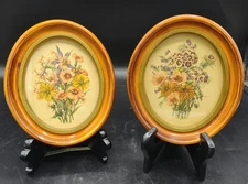 Vtg Pair Wild Flower Floral Lithographs Oval Wood Frames Under Glass 5.5"X 4.75"