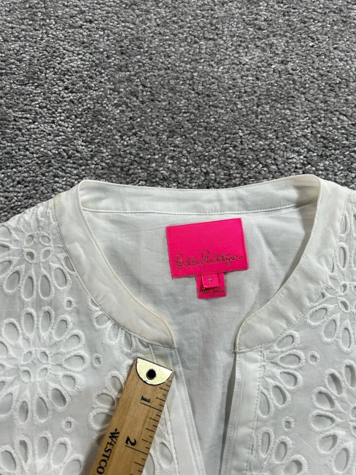 Lilly Pulitzer Mini Dress Womens Small White Cotton Floral Eyelet Pom Pom Trim - Image 4 of 4