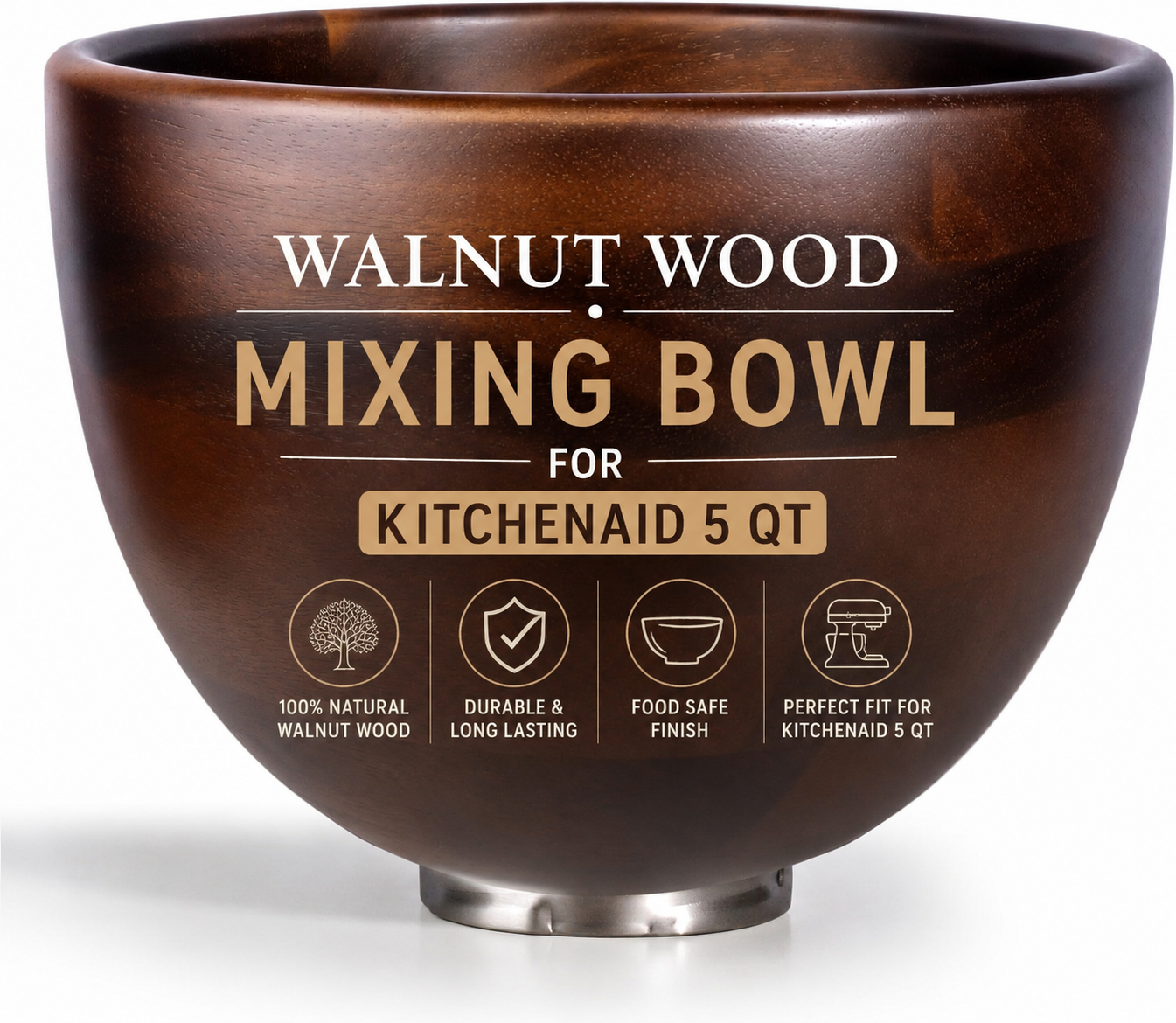 Walnut Wood Mixing Bowl 5 Quart Tilt-Head Compatible
